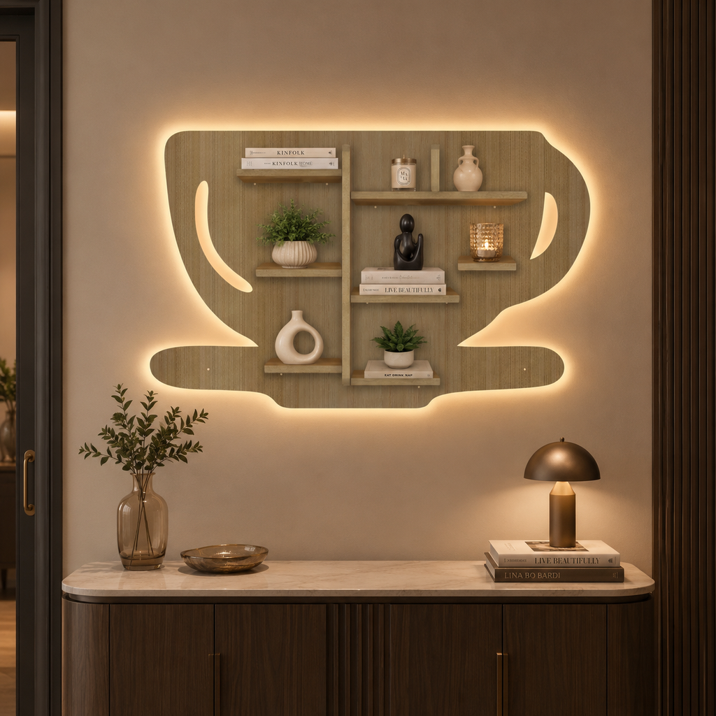 Coffee Cup Shape Wooden LED Light Wall Shelf with Oak Finish