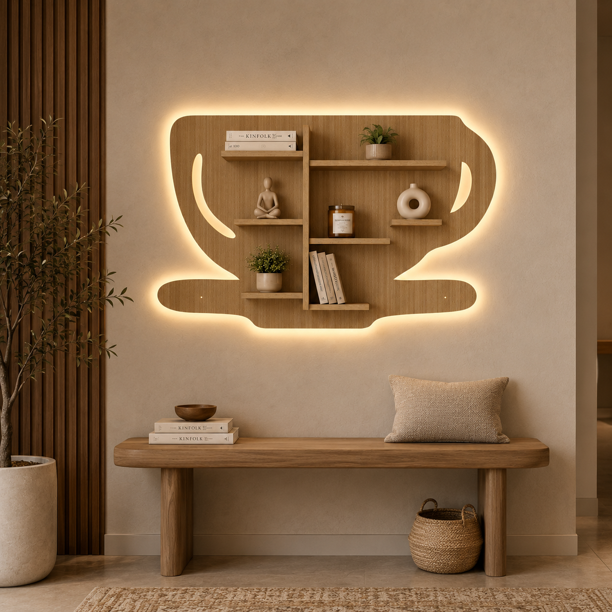Coffee Cup Shape Wooden LED Light Wall Shelf with Oak Finish
