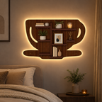 Coffee Cup Shape Wooden LED Light Wall Shelf with Walnut Finish