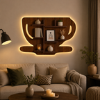 Coffee Cup Shape Wooden LED Light Wall Shelf with Walnut Finish