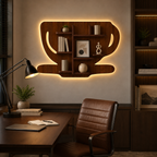 Coffee Cup Shape Wooden LED Light Wall Shelf with Walnut Finish