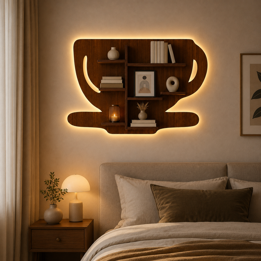 Coffee Cup Shape Wooden LED Light Wall Shelf with Walnut Finish