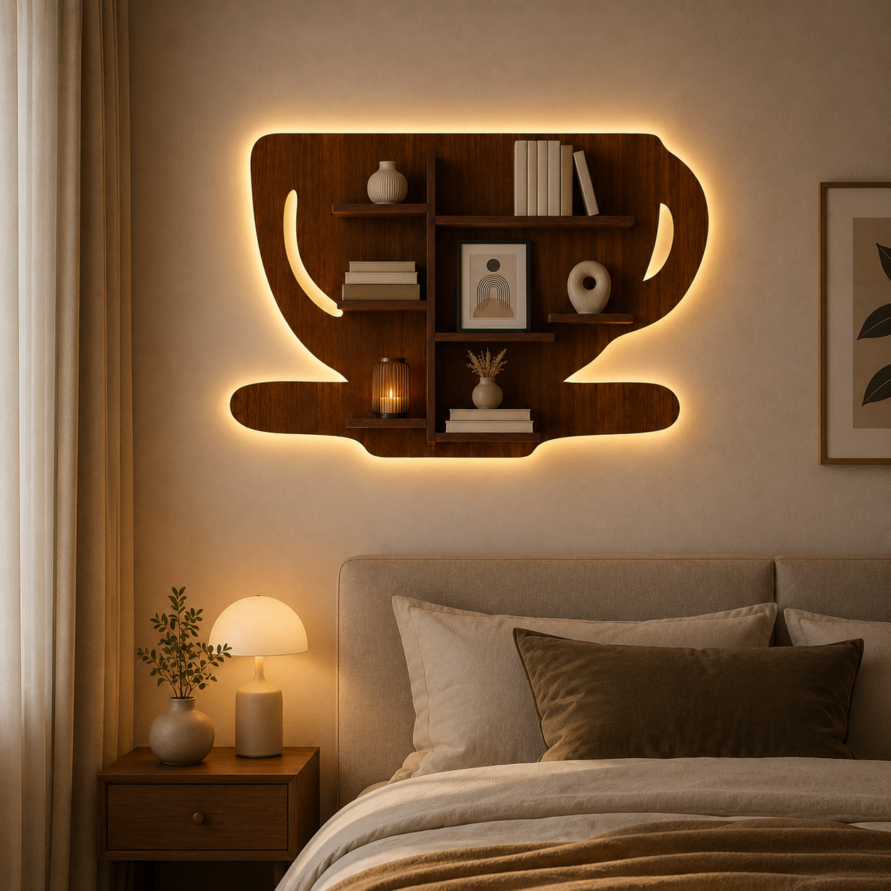 Coffee Cup Shape Wooden LED Light Wall Shelf with Walnut Finish