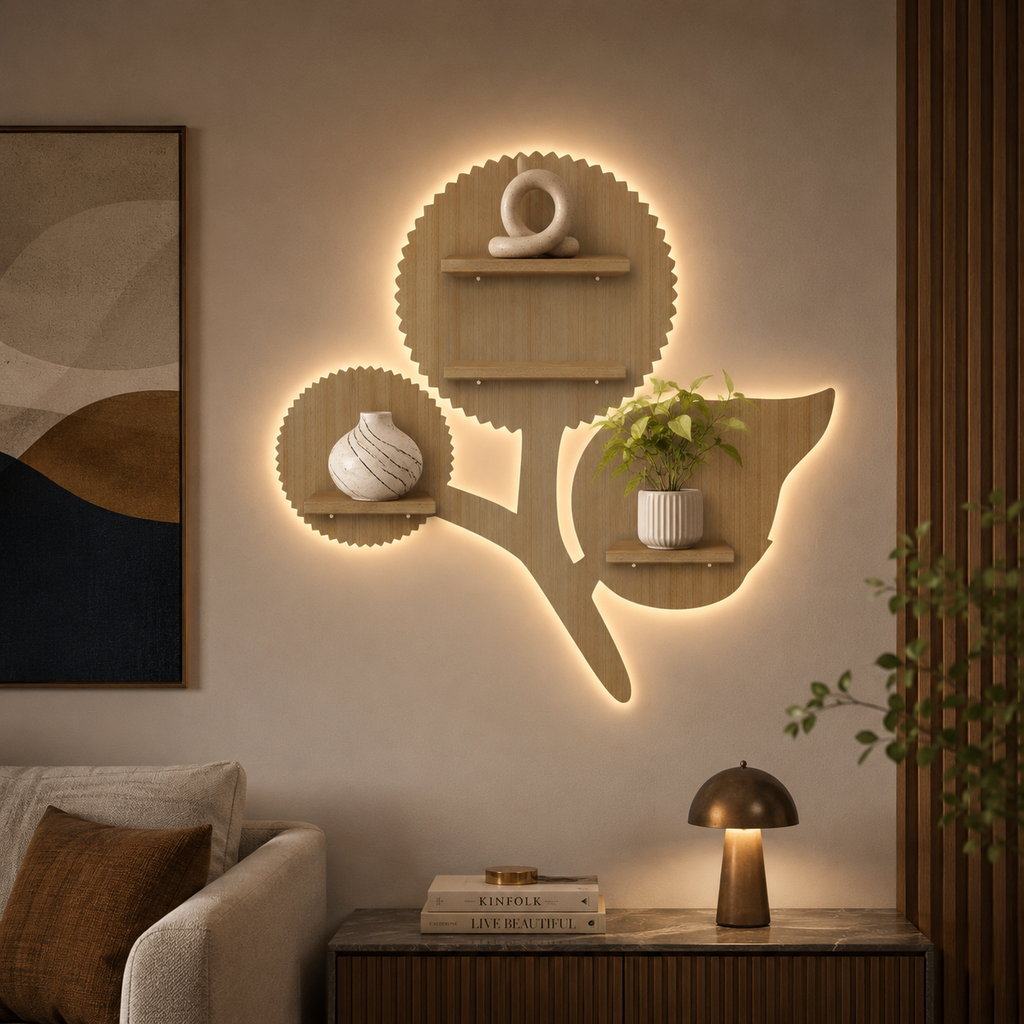 Designer Flower Shape Wooden LED Light Wall Shelf with Oak Finish