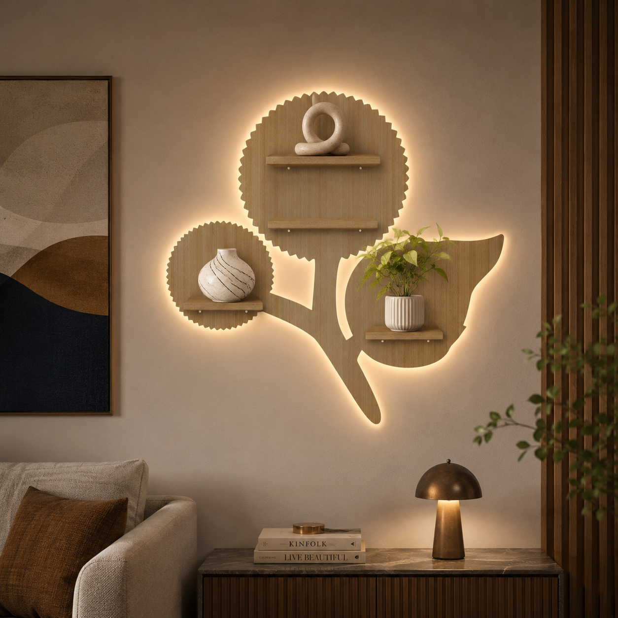 Designer Flower Shape Wooden LED Light Wall Shelf with Oak Finish