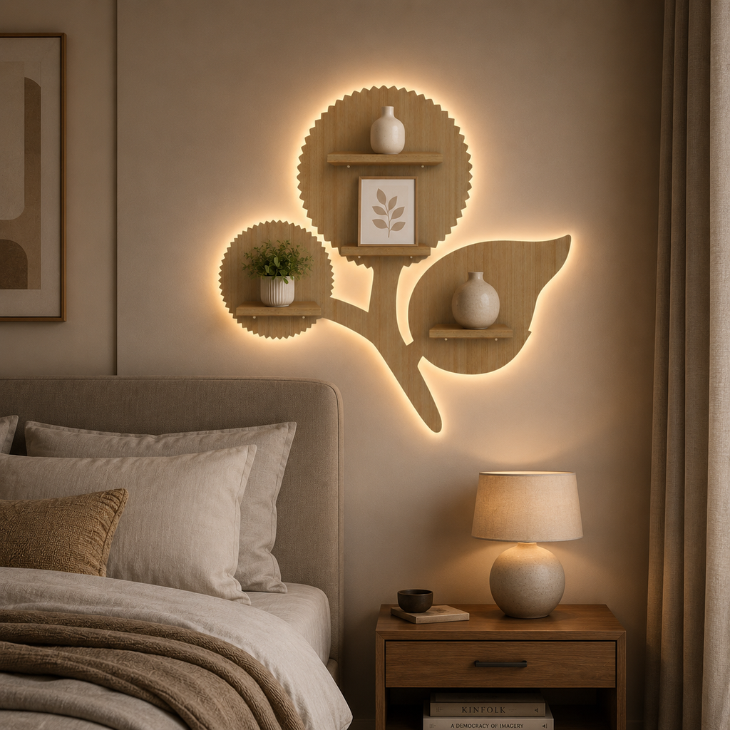 Designer Flower Shape Wooden LED Light Wall Shelf with Oak Finish