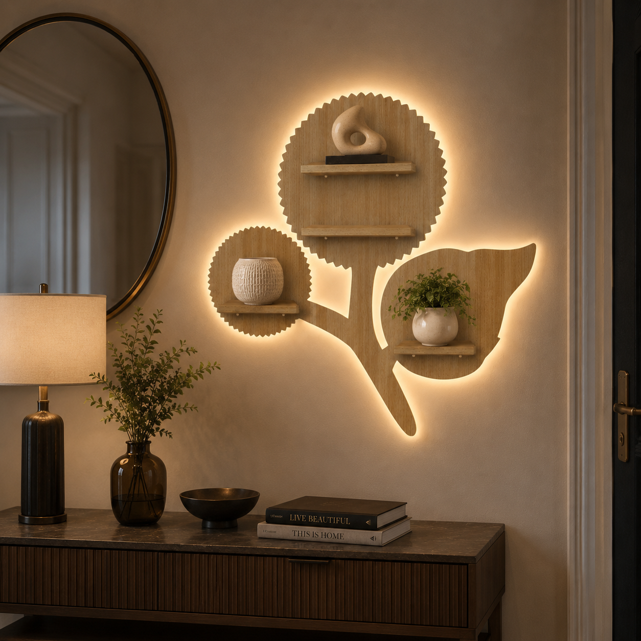 Designer Flower Shape Wooden LED Light Wall Shelf with Oak Finish