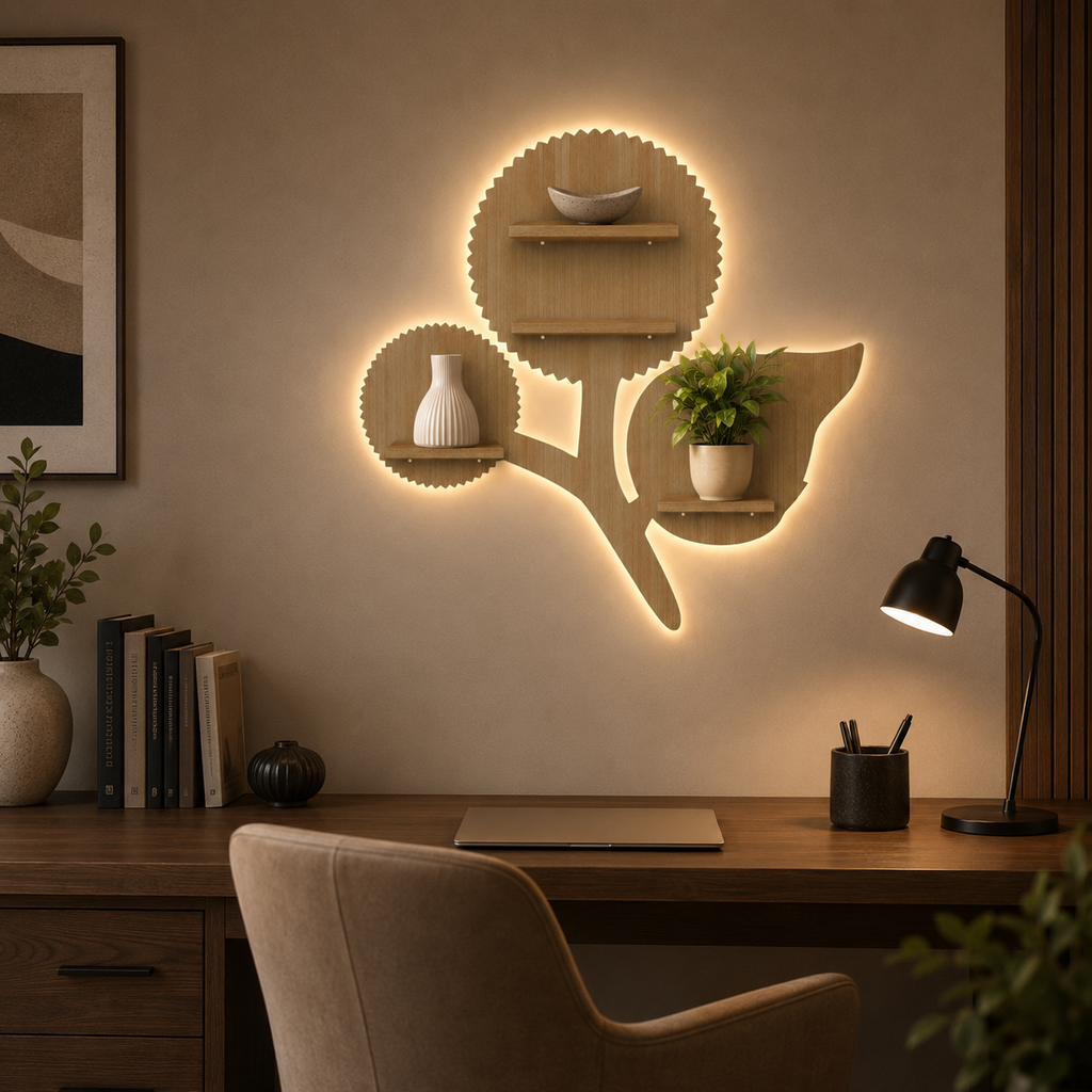 Designer Flower Shape Wooden LED Light Wall Shelf with Oak Finish