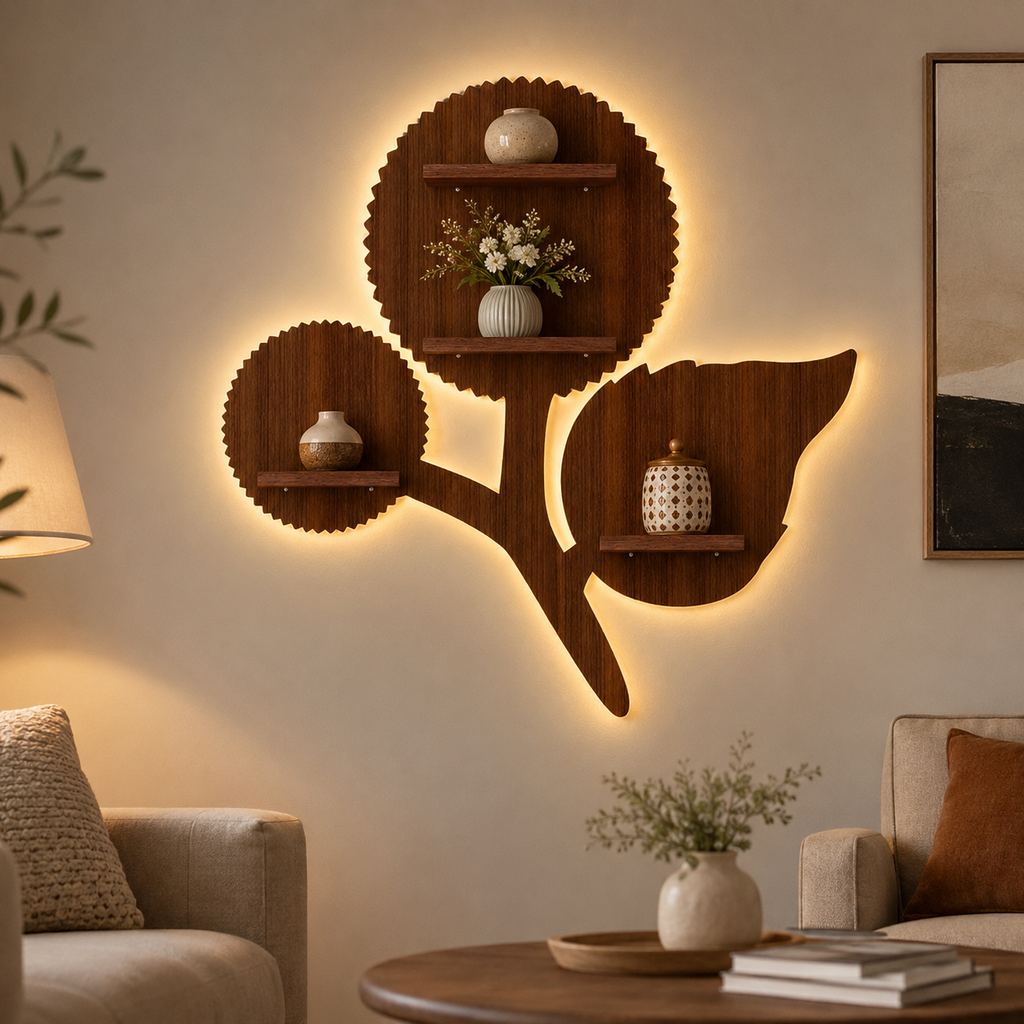 Designer Flower Shape Wooden LED Light Wall Shelf with Walnut Finish