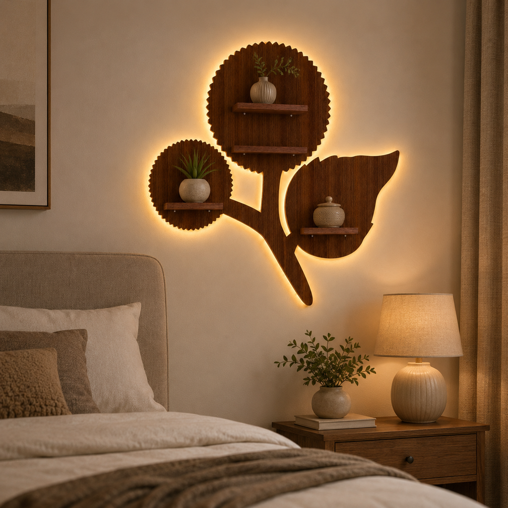 Designer Flower Shape Wooden LED Light Wall Shelf with Walnut Finish
