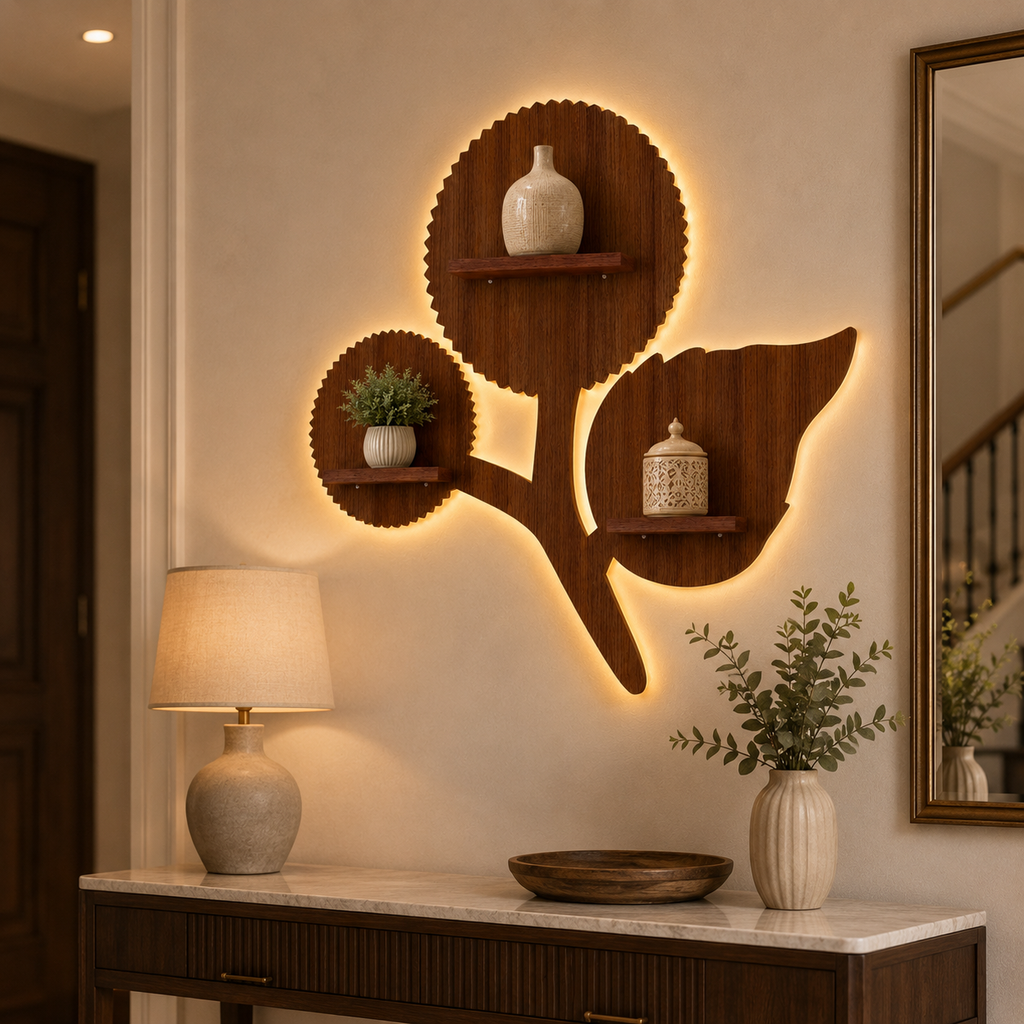 Designer Flower Shape Wooden LED Light Wall Shelf with Walnut Finish