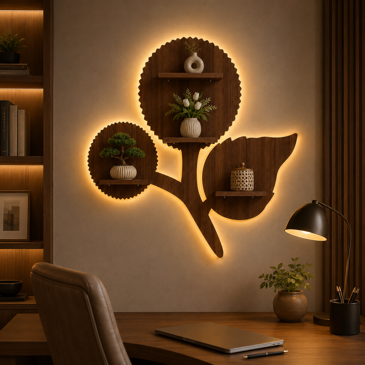 Designer Flower Shape Wooden LED Light Wall Shelf with Walnut Finish