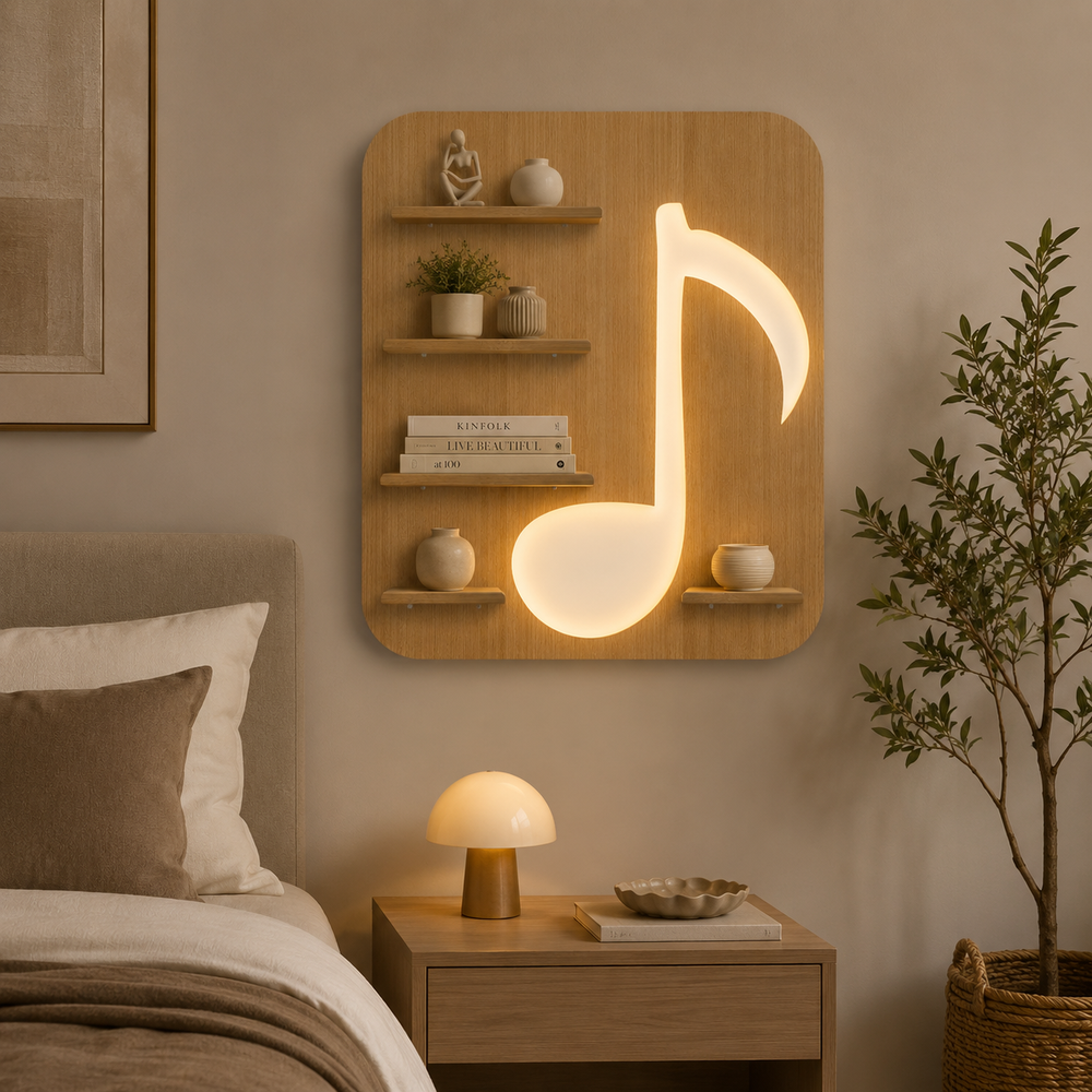 Music Symbol Note Backlit Wooden LED Light Wall Shelf with Oak Finish