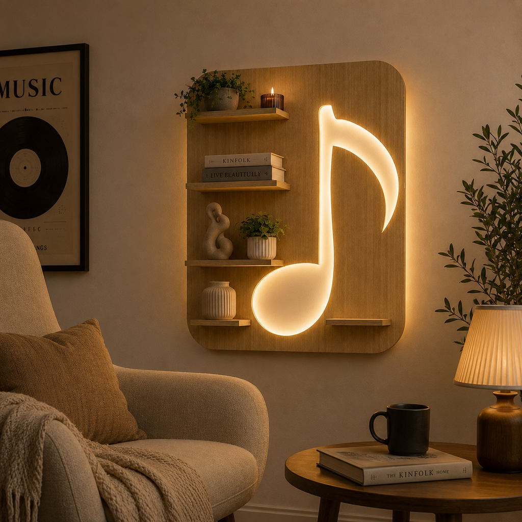 Music Symbol Note Backlit Wooden LED Light Wall Shelf with Oak Finish
