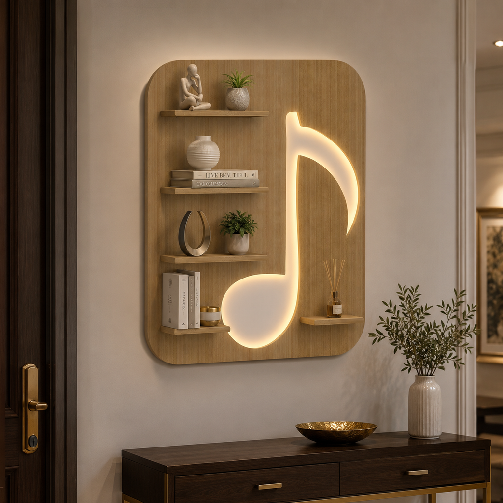 Music Symbol Note Backlit Wooden LED Light Wall Shelf with Oak Finish