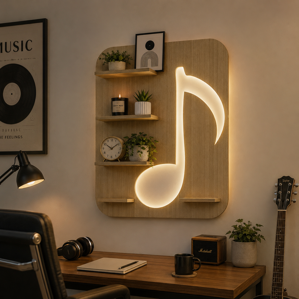 Music Symbol Note Backlit Wooden LED Light Wall Shelf with Oak Finish