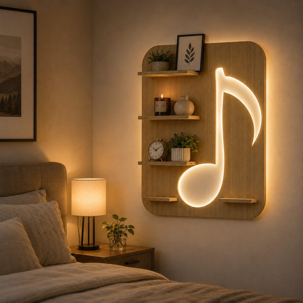 Music Symbol Note Backlit Wooden LED Light Wall Shelf with Oak Finish