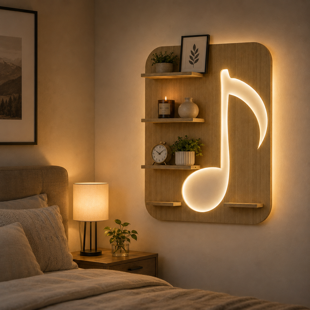 Music Symbol Note Backlit Wooden LED Light Wall Shelf with Oak Finish