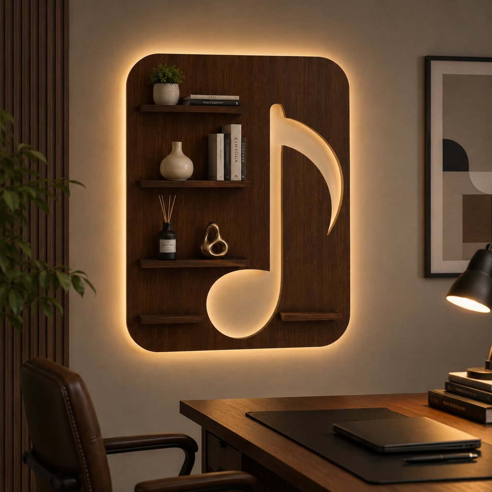 Music Symbol Note Backlit Wooden LED Light Wall Shelf with Walnut Finish