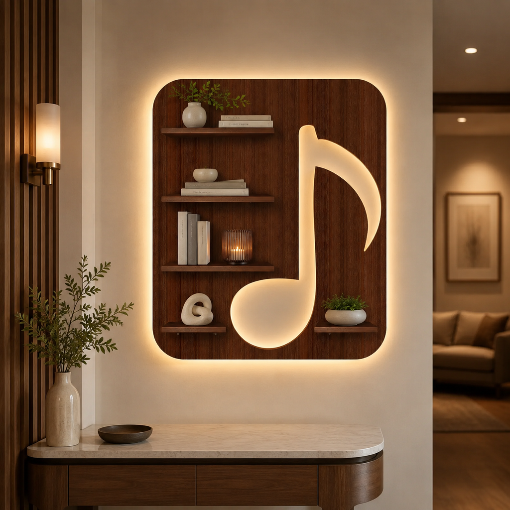 Music Symbol Note Backlit Wooden LED Light Wall Shelf with Walnut Finish