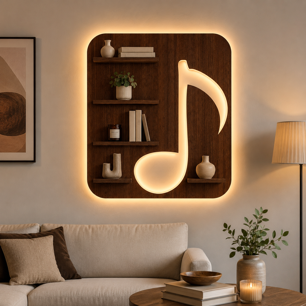 Music Symbol Note Backlit Wooden LED Light Wall Shelf with Walnut Finish