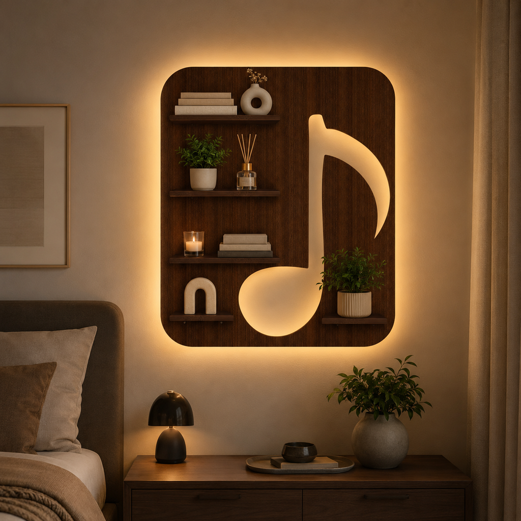 Music Symbol Note Backlit Wooden LED Light Wall Shelf with Walnut Finish