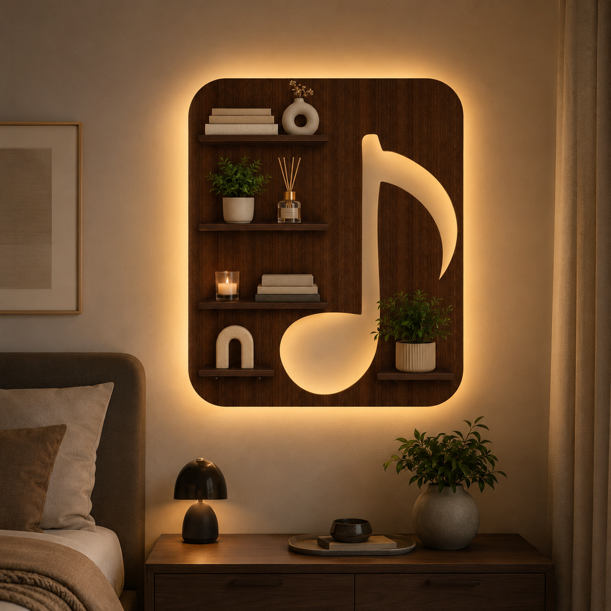 Music Symbol Note Backlit Wooden LED Light Wall Shelf with Walnut Finish