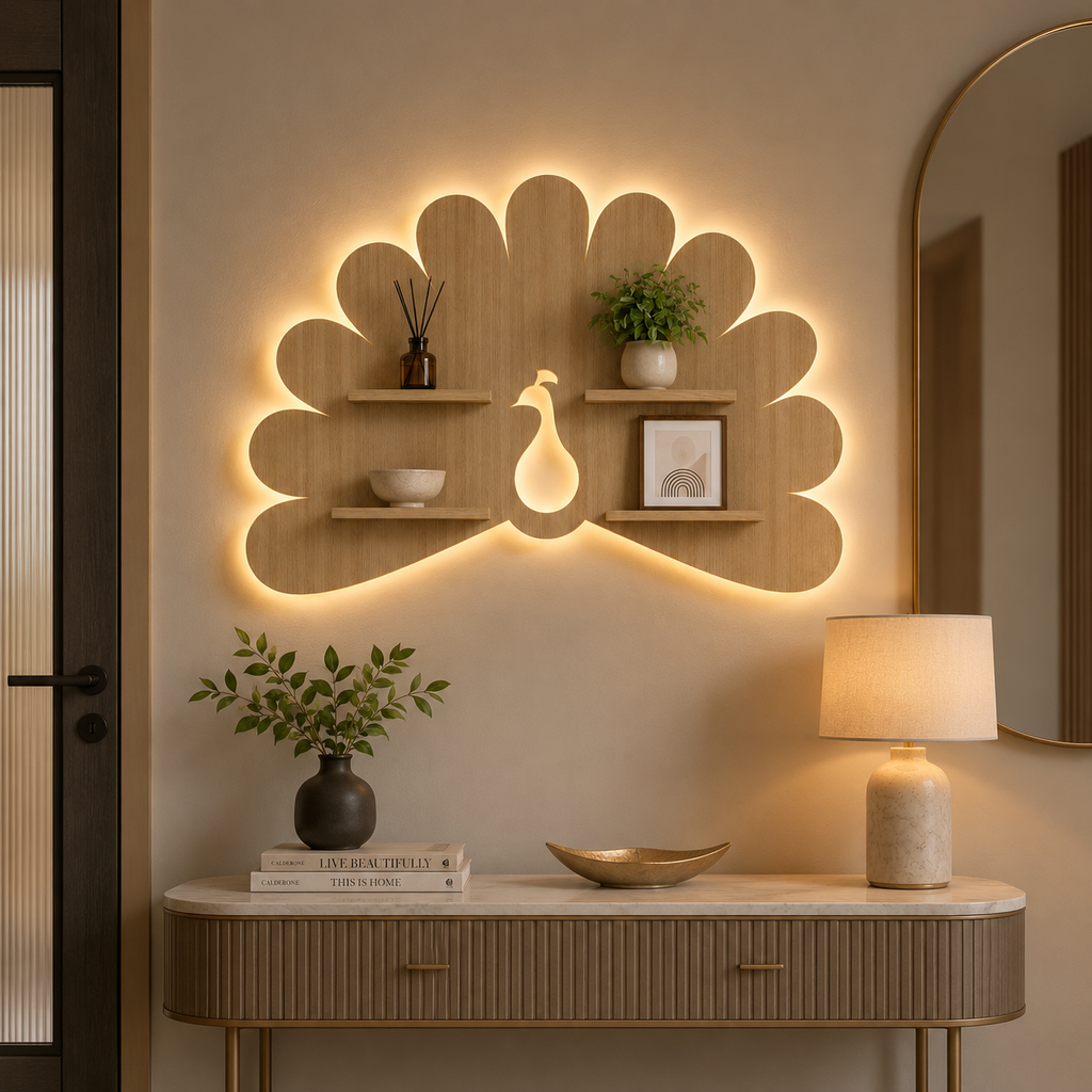 Beautiful Peacock Shape Wooden LED Light Wall Shelf with Oak Finish