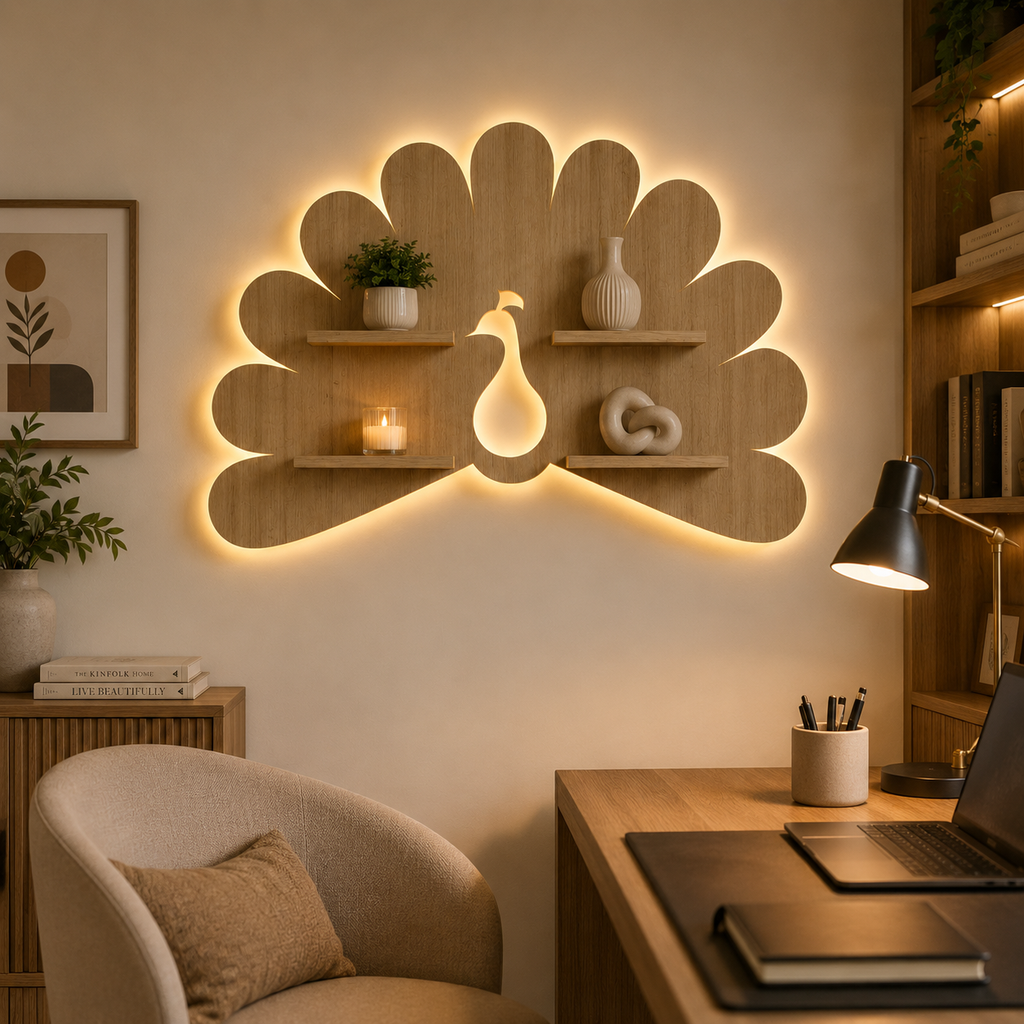 Beautiful Peacock Shape Wooden LED Light Wall Shelf with Oak Finish