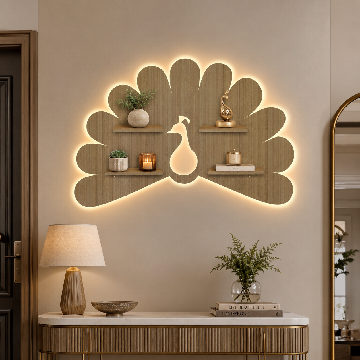 Beautiful Peacock Shape Wooden LED Light Wall Shelf with Oak Finish