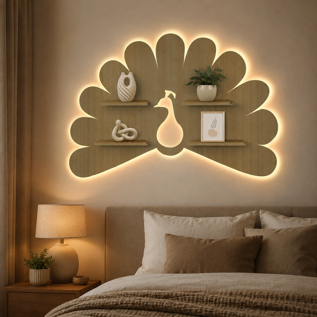 Beautiful Peacock Shape Wooden LED Light Wall Shelf with Oak Finish