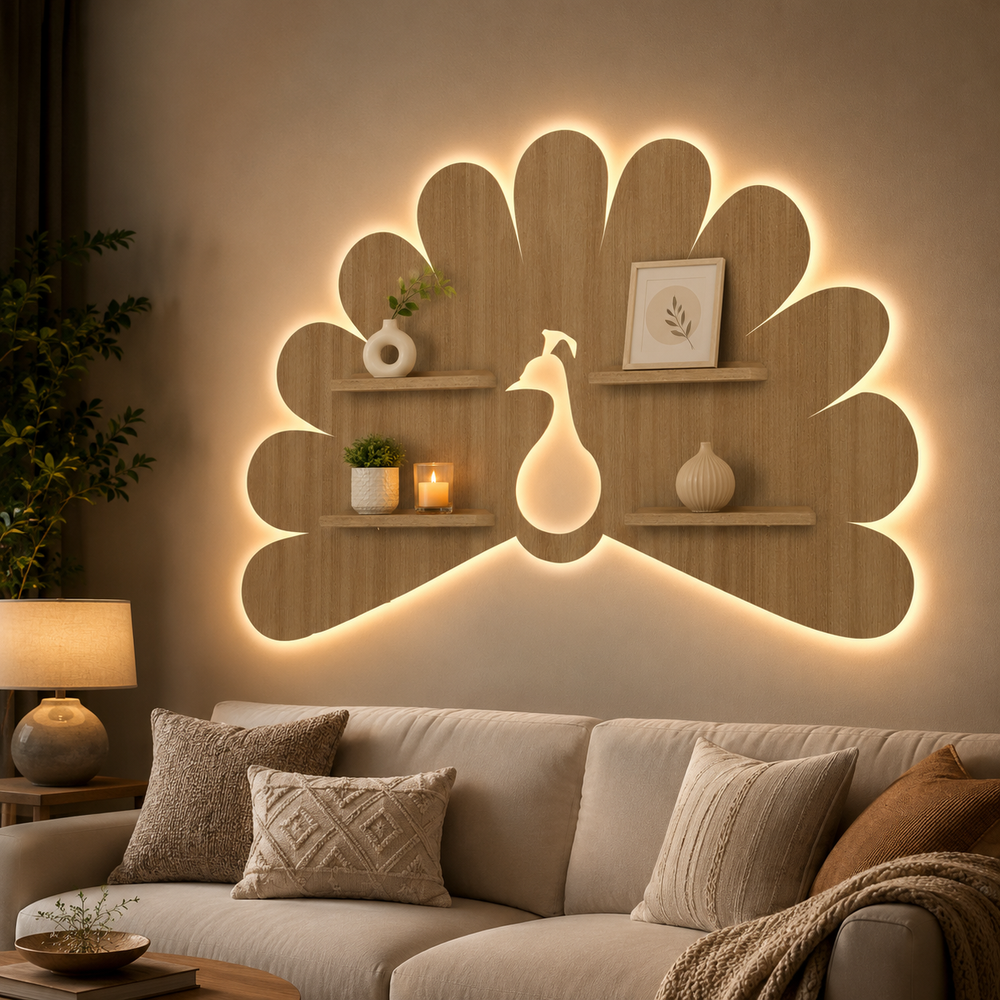 Beautiful Peacock Shape Wooden LED Light Wall Shelf with Oak Finish