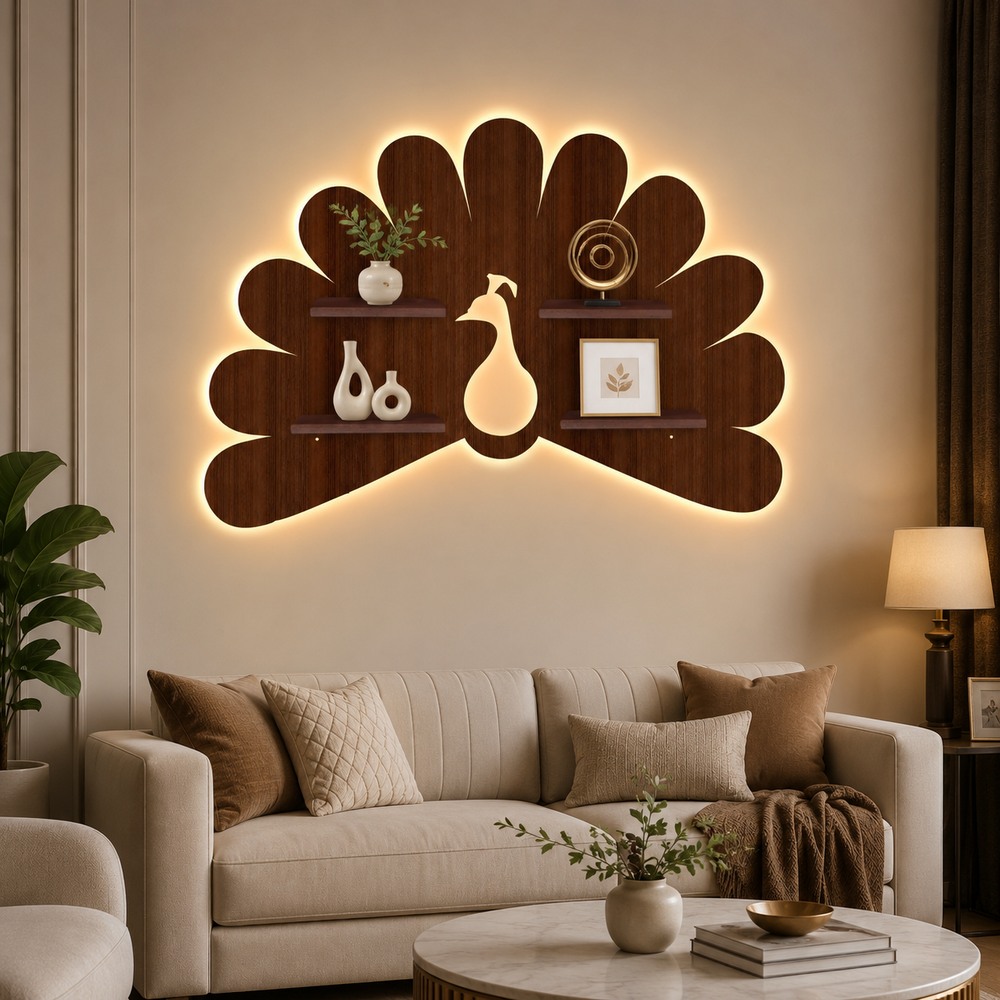 Beautiful Peacock Shape Wooden LED Light Wall Shelf with Walnut Finish
