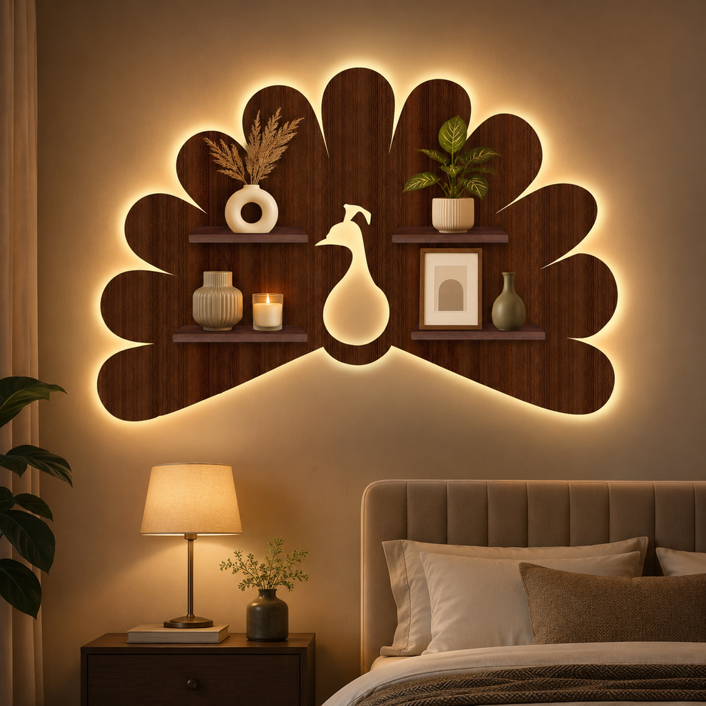 Beautiful Peacock Shape Wooden LED Light Wall Shelf with Walnut Finish