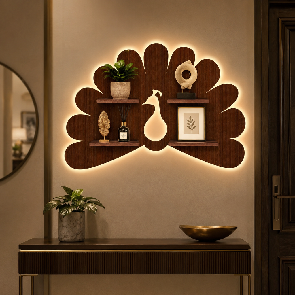 Beautiful Peacock Shape Wooden LED Light Wall Shelf with Walnut Finish