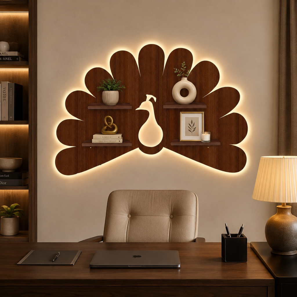 Beautiful Peacock Shape Wooden LED Light Wall Shelf with Walnut Finish
