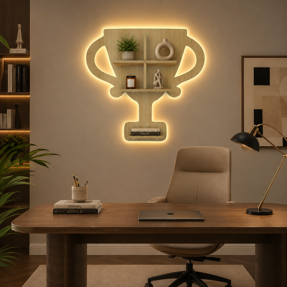 Competition Trophy Shape Wooden LED Light Wall Shelf with Oak Finish