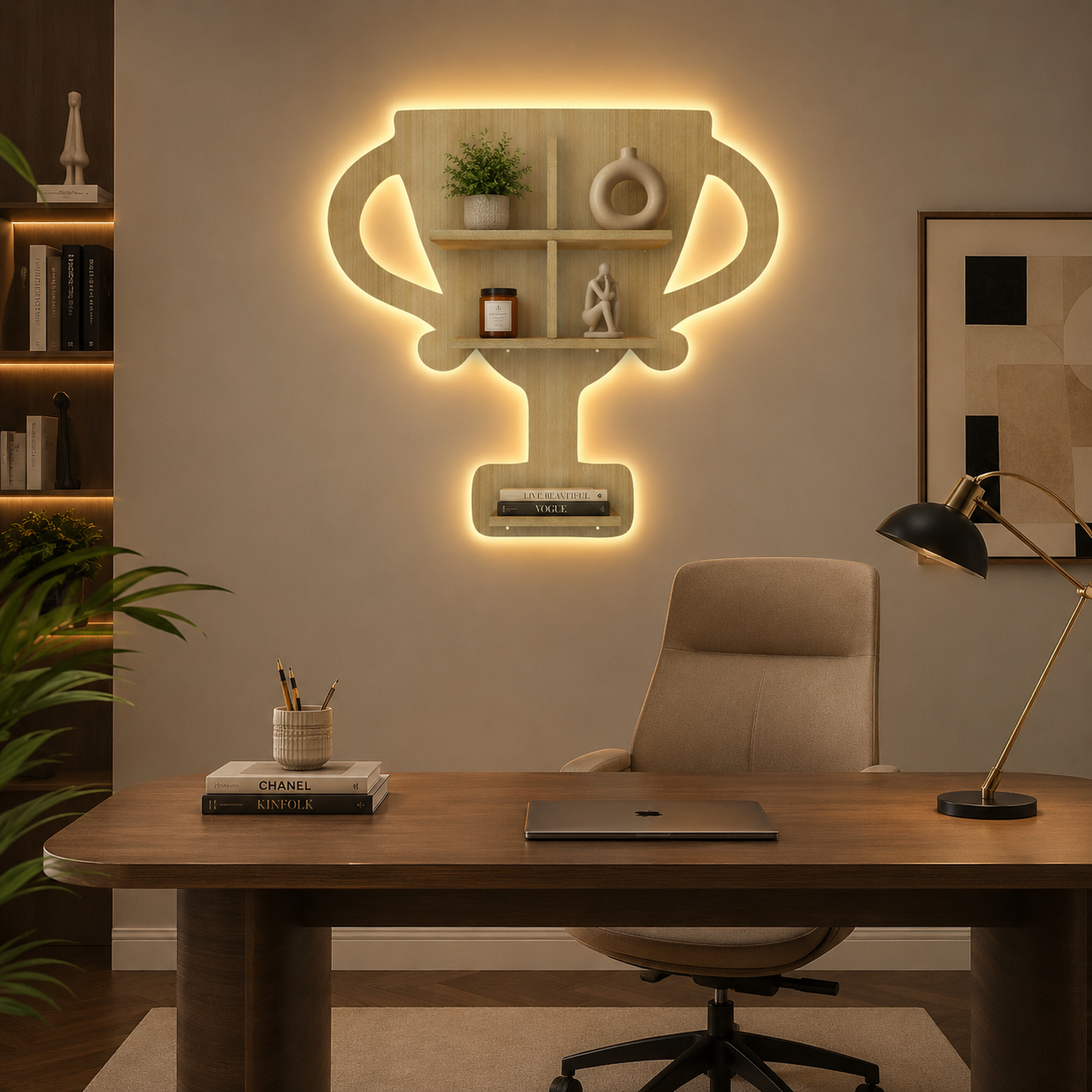 Competition Trophy Shape Wooden LED Light Wall Shelf with Oak Finish