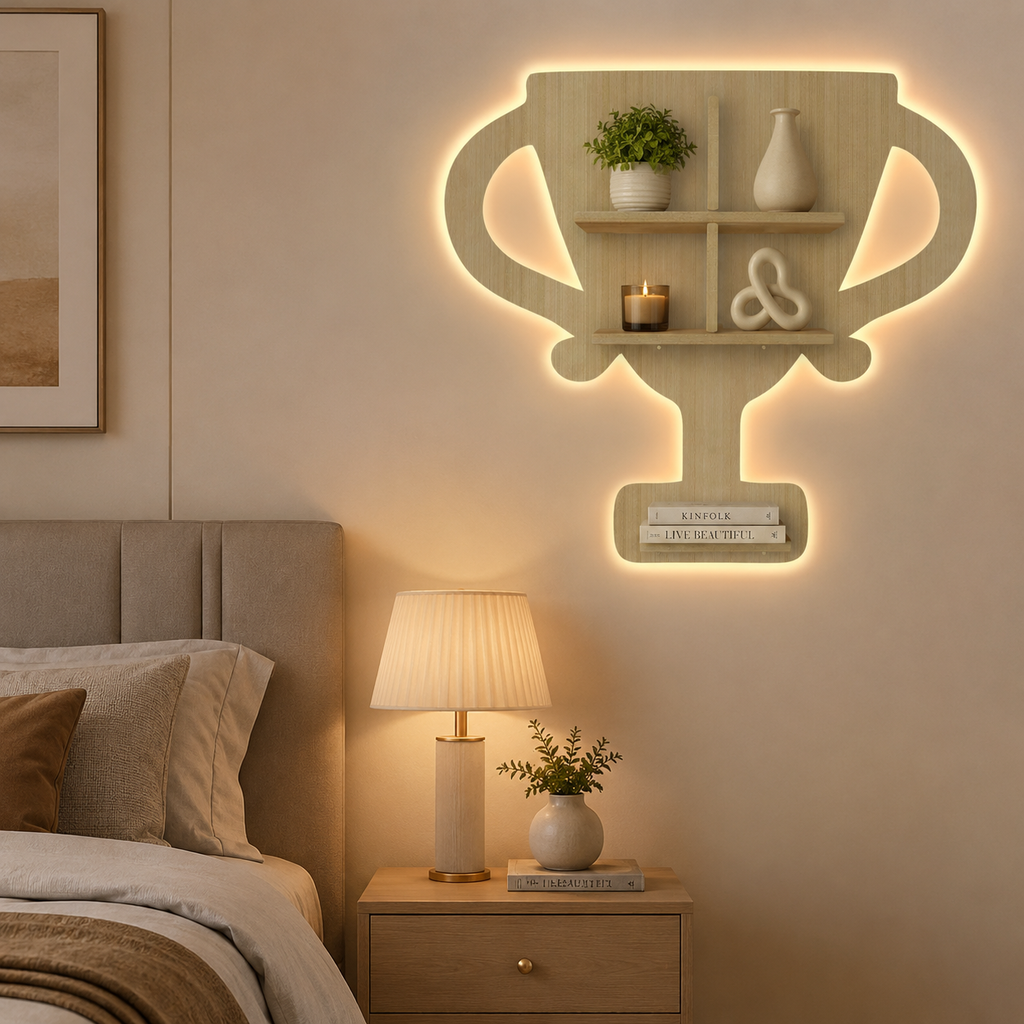 Competition Trophy Shape Wooden LED Light Wall Shelf with Oak Finish