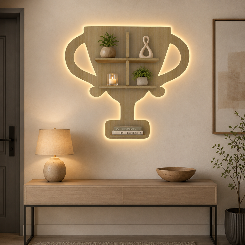Competition Trophy Shape Wooden LED Light Wall Shelf with Oak Finish