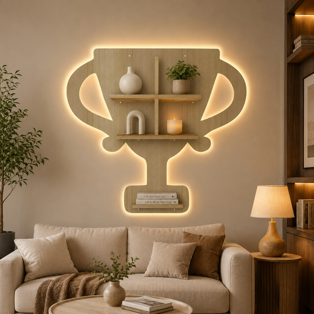 Competition Trophy Shape Wooden LED Light Wall Shelf with Oak Finish