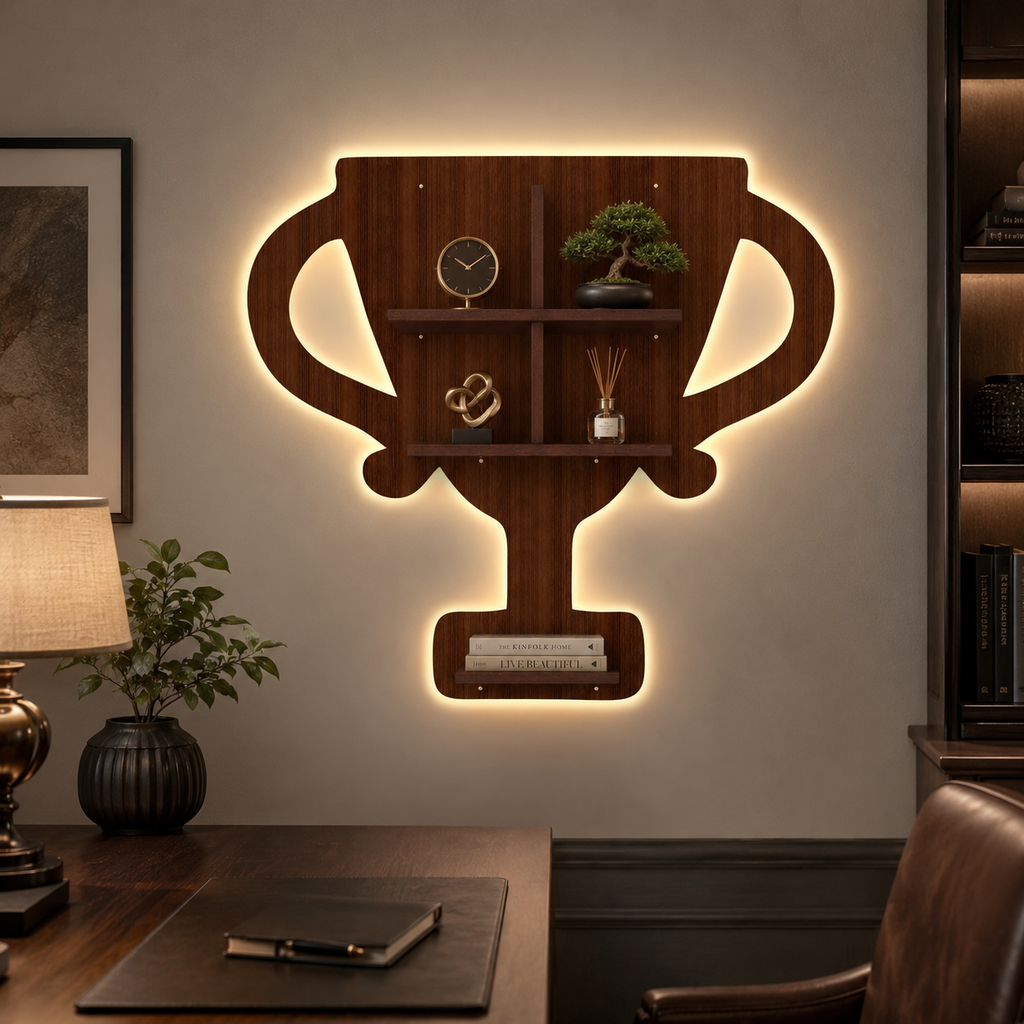 Competition Trophy Shape Wooden LED Light Wall Shelf with Walnut Finish