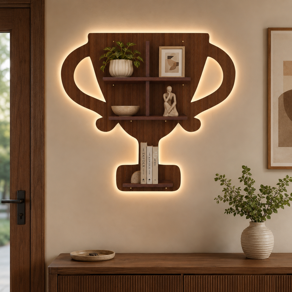Competition Trophy Shape Wooden LED Light Wall Shelf with Walnut Finish
