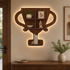 Competition Trophy Shape Wooden LED Light Wall Shelf with Walnut Finish