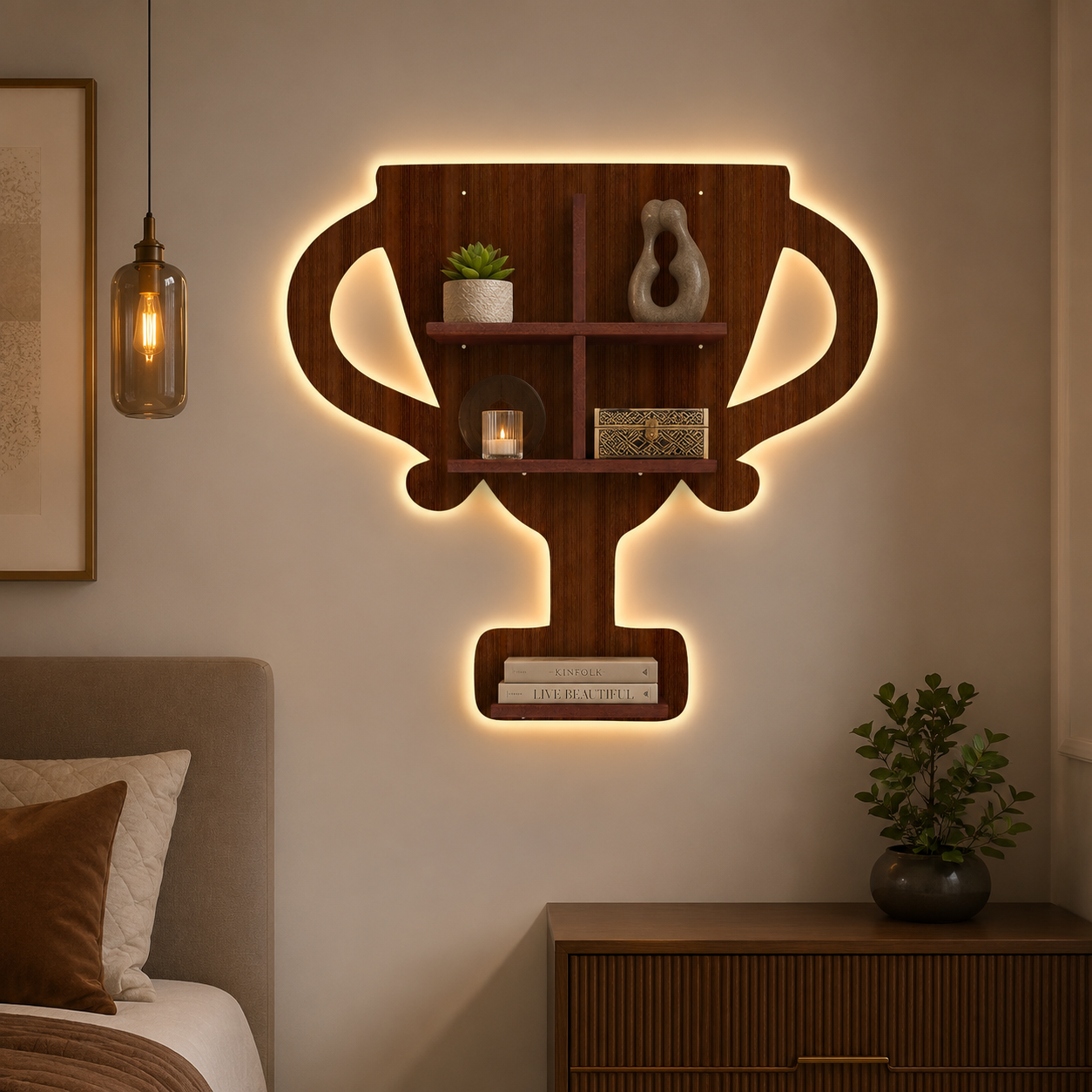 Competition Trophy Shape Wooden LED Light Wall Shelf with Walnut Finish