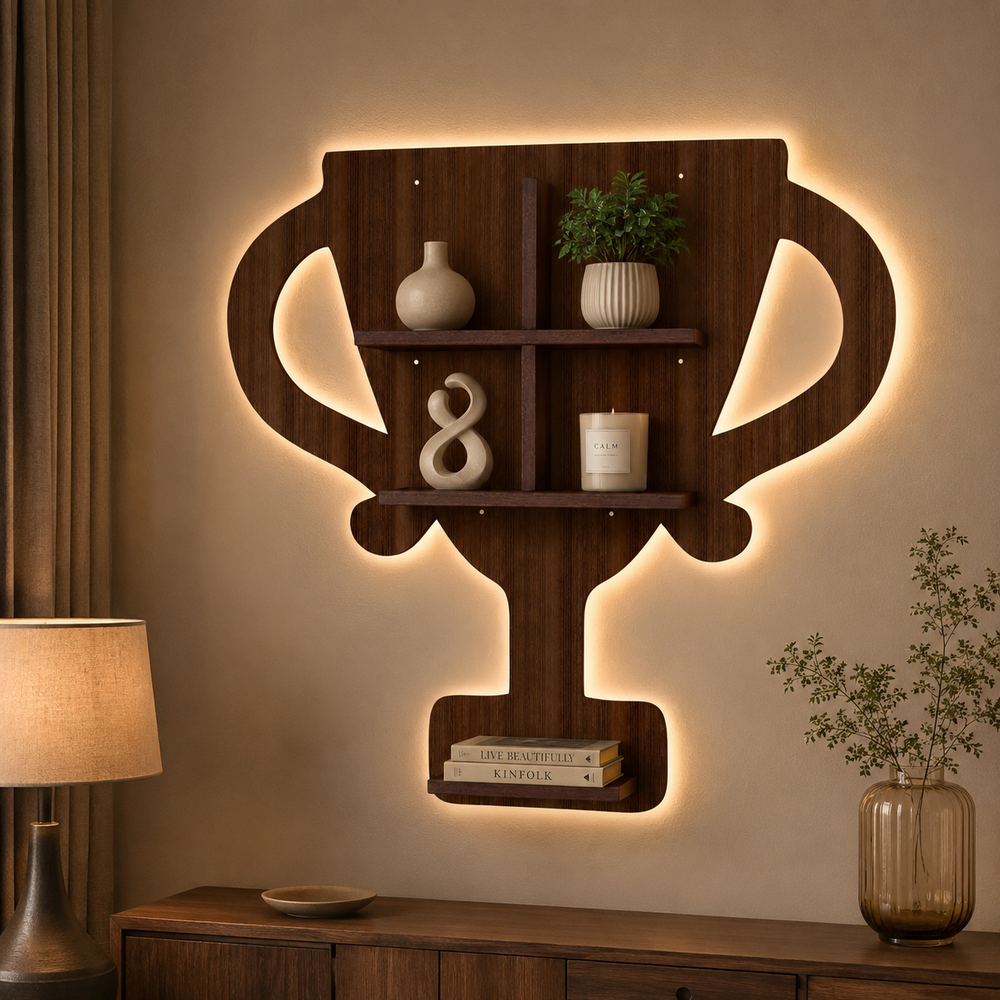 Competition Trophy Shape Wooden LED Light Wall Shelf with Walnut Finish