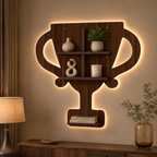 Competition Trophy Shape Wooden LED Light Wall Shelf with Walnut Finish