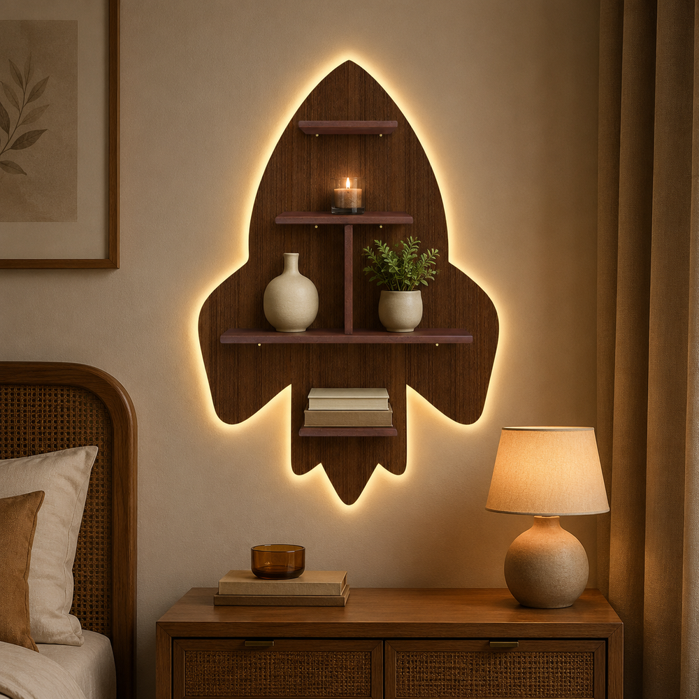 Rocket Shape Wooden Wall Shelf LED Light Wall Shelf with Walnut Finish
