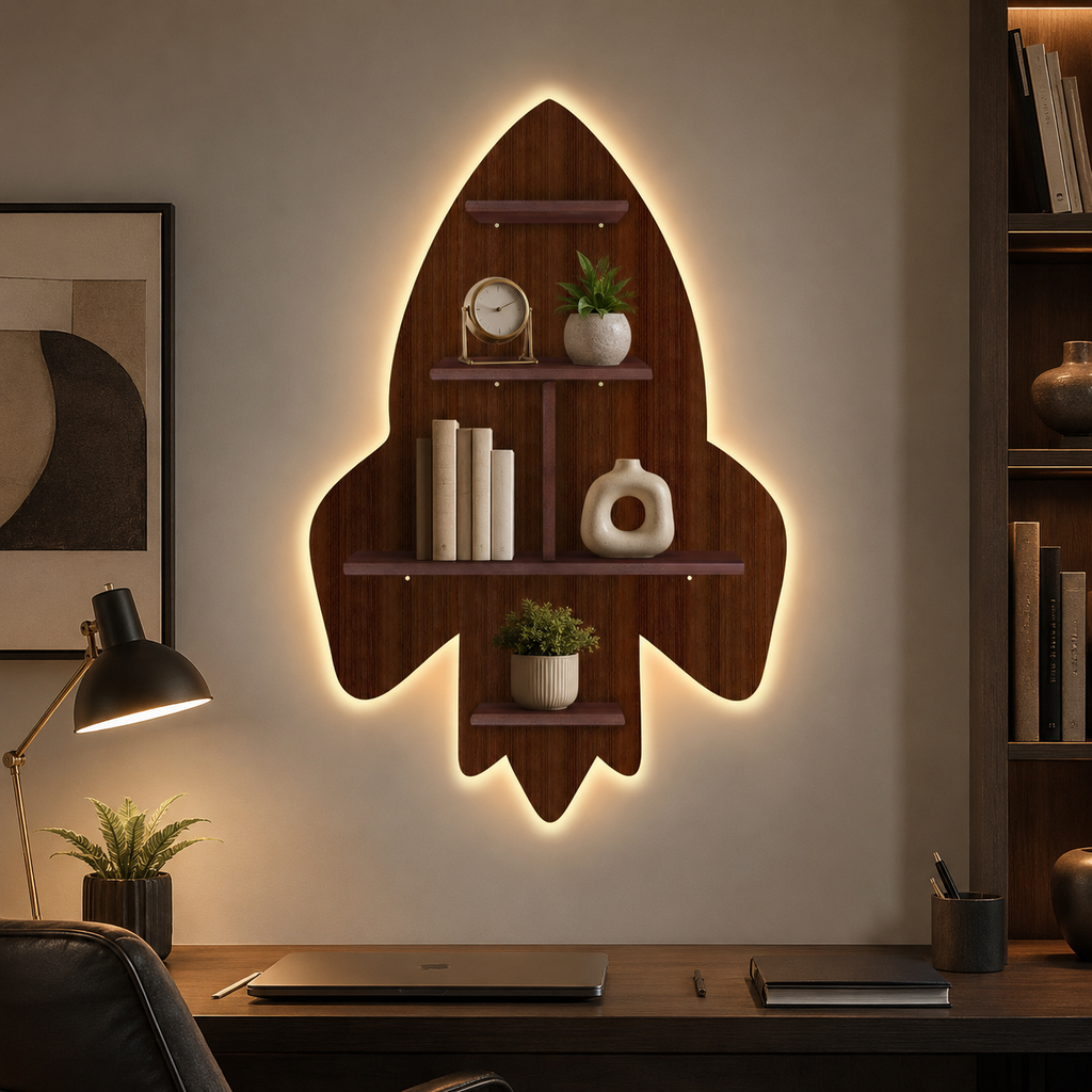 Rocket Shape Wooden Wall Shelf LED Light Wall Shelf with Walnut Finish