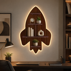 Rocket Shape Wooden Wall Shelf LED Light Wall Shelf with Walnut Finish